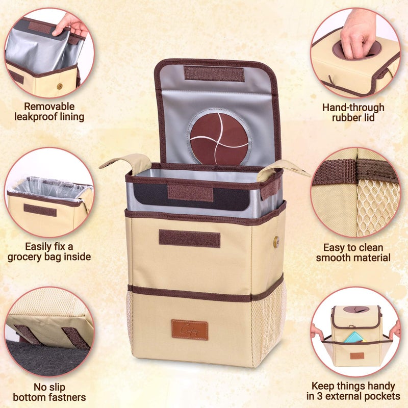 Creathing Car Trash Can [Touring Edition] - Removable Liner - 100% Leakproof, Odor Control Lid, Hanging Garbage Bin for SUV, Truck, Car (2 Gal, Beige) - Image 3